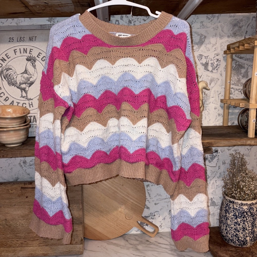 NYC Knits Women's Grannycore Cottagecore Cropped Striped Afghan Sweater M